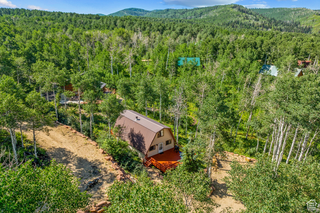 View from above of property with a heavily wooded area and a mountain backdrop