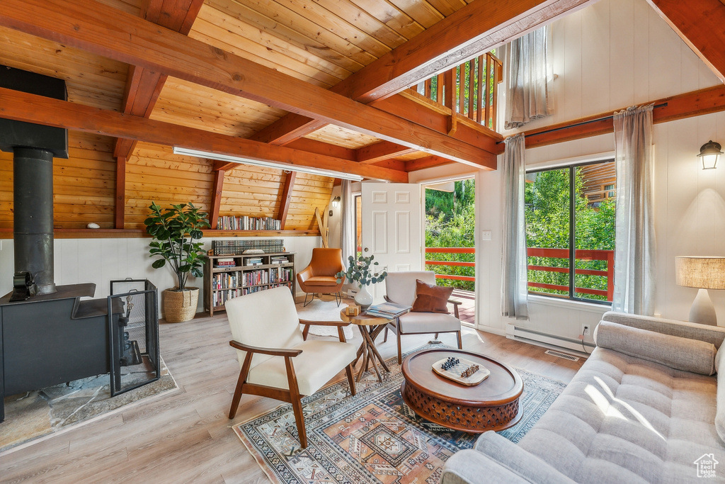 Living room featuring wood finished floors, a wood stove, a wooden ceiling with exposed beams, wood walls, and baseboard heating