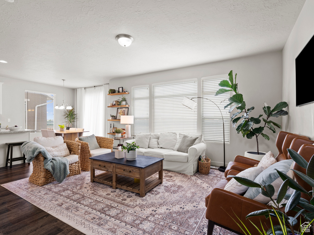Living area with a textured ceiling, wood finished floors, plenty of natural light, and a chandelier