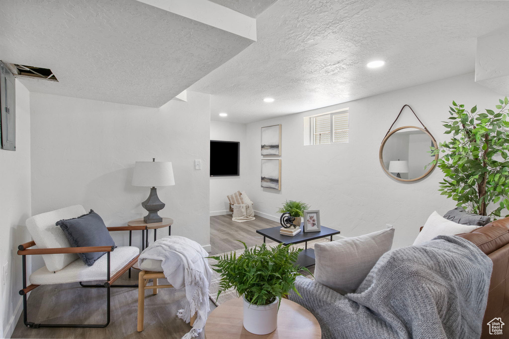 Living room with wood finished floors, a textured ceiling, and recessed lighting