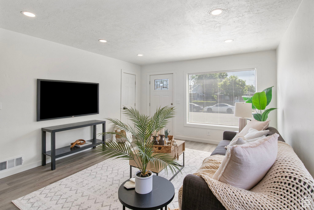 Living area with a textured ceiling, wood finished floors, plenty of natural light, and recessed lighting