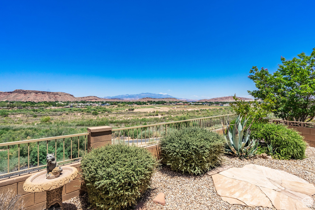 Patio / terrace featuring a mountain view