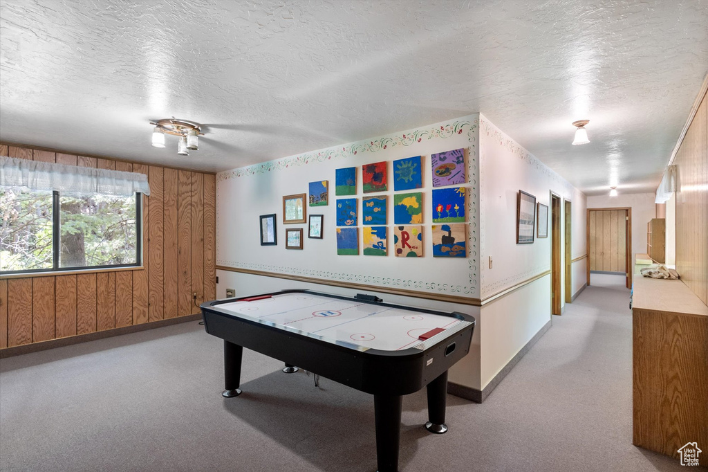 Playroom with a textured ceiling, wood walls, and light colored carpet