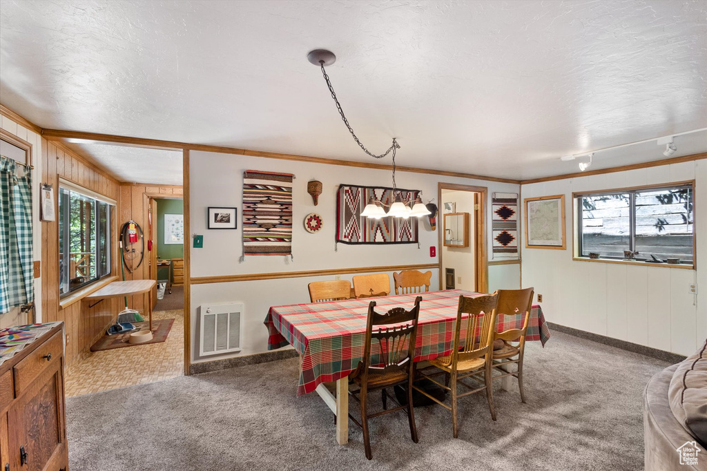 Dining room featuring carpet floors, wooden walls, a textured ceiling, and crown molding
