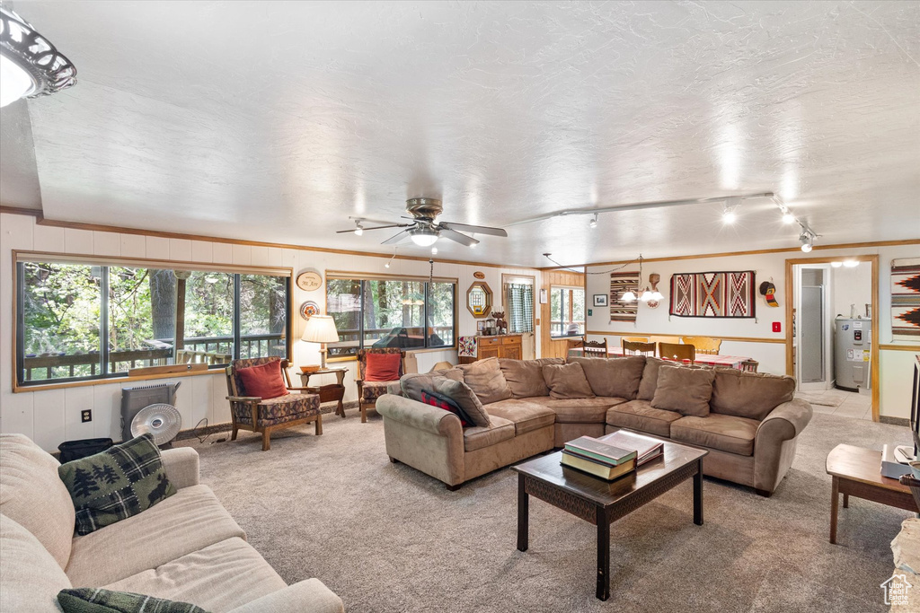 Carpeted living area featuring water heater and ceiling fan