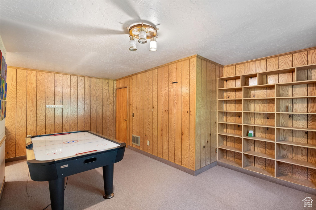 Game room featuring wood walls, a textured ceiling, and carpet floors