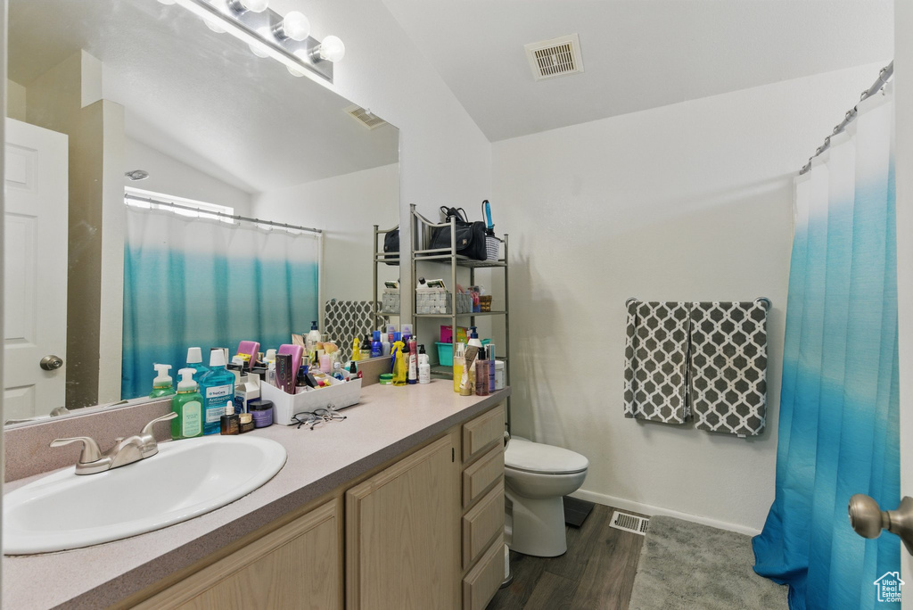 Full bath featuring vanity, wood finished floors, lofted ceiling, and curtained shower