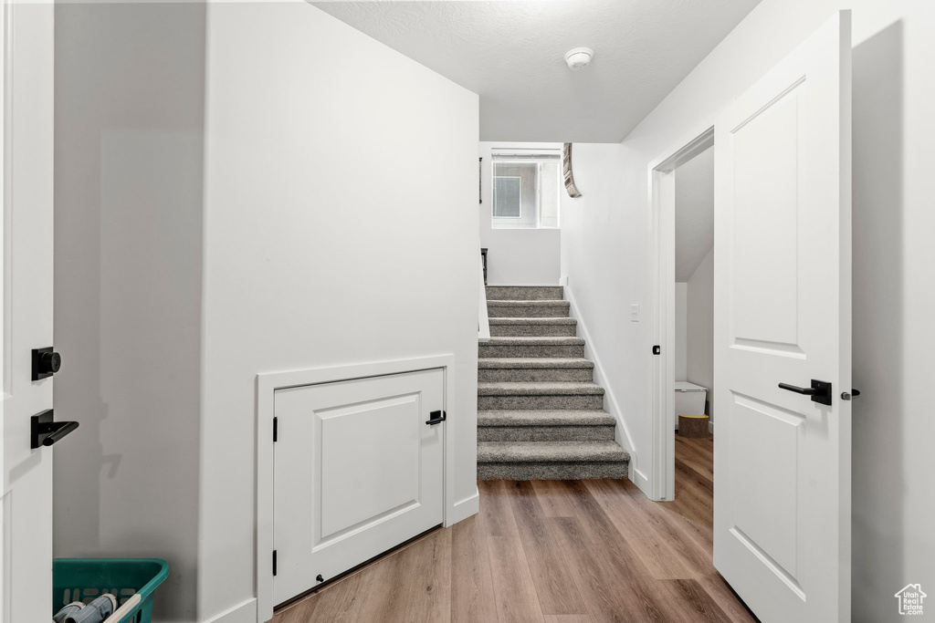 Staircase featuring wood finished floors and baseboards