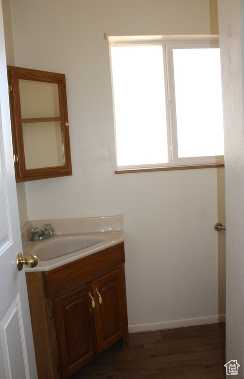 Bathroom featuring vanity and wood finished floors