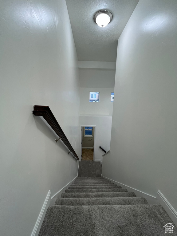Stairway featuring baseboards and carpet