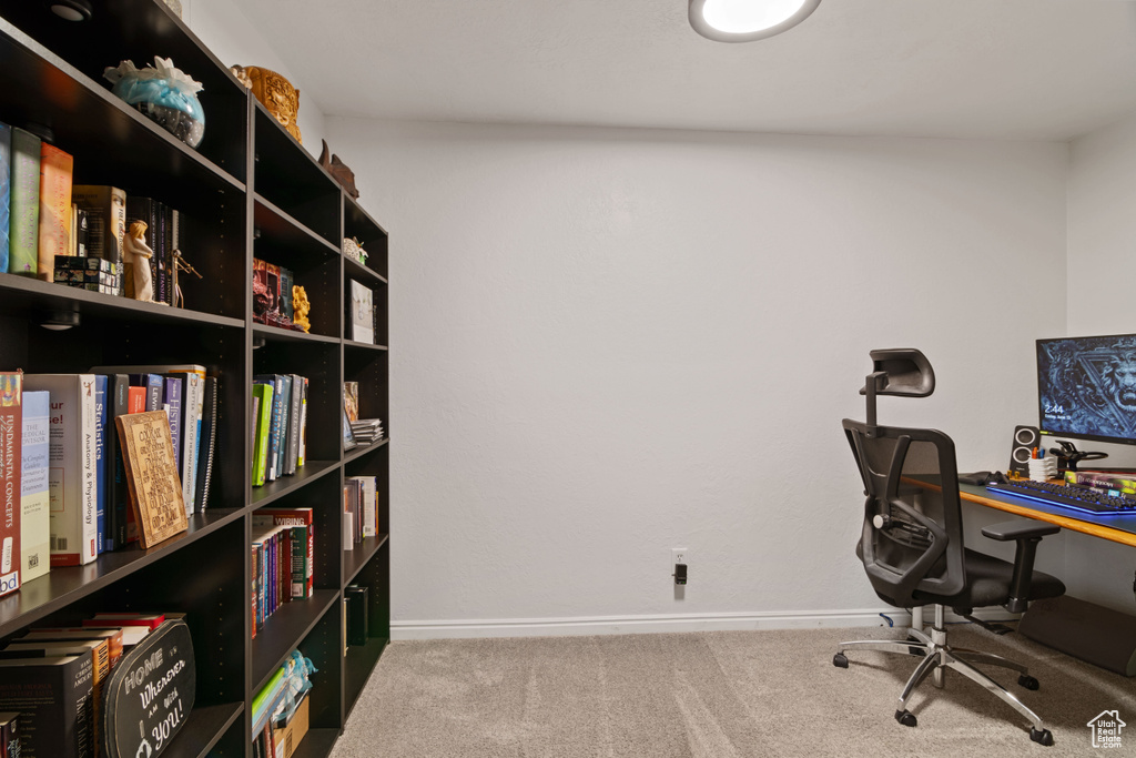 Carpeted home office with baseboards