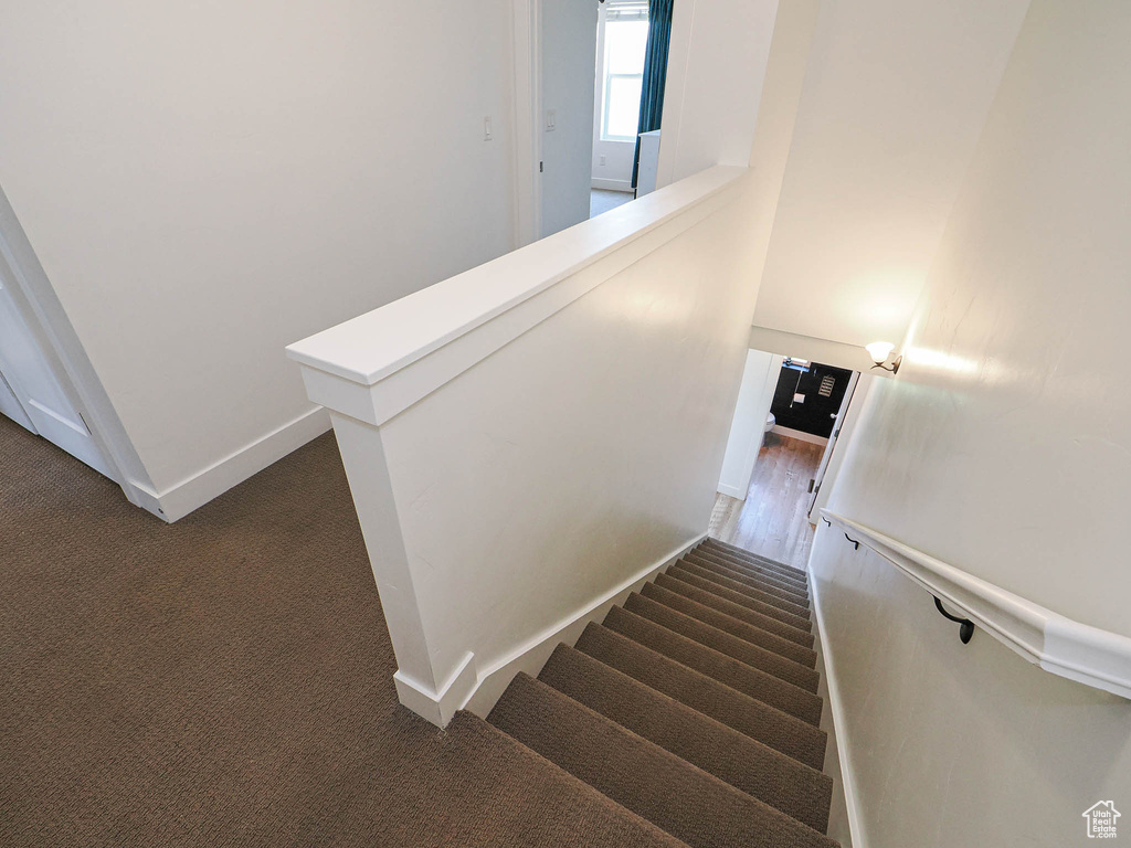 Stairway with carpet flooring and baseboards