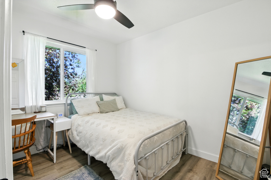 Bedroom with wood finished floors, multiple windows, and a ceiling fan