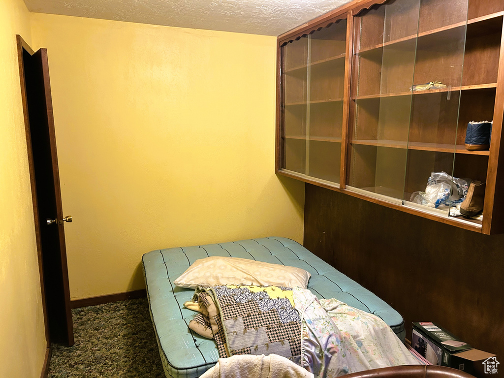 Carpeted bedroom with a textured ceiling