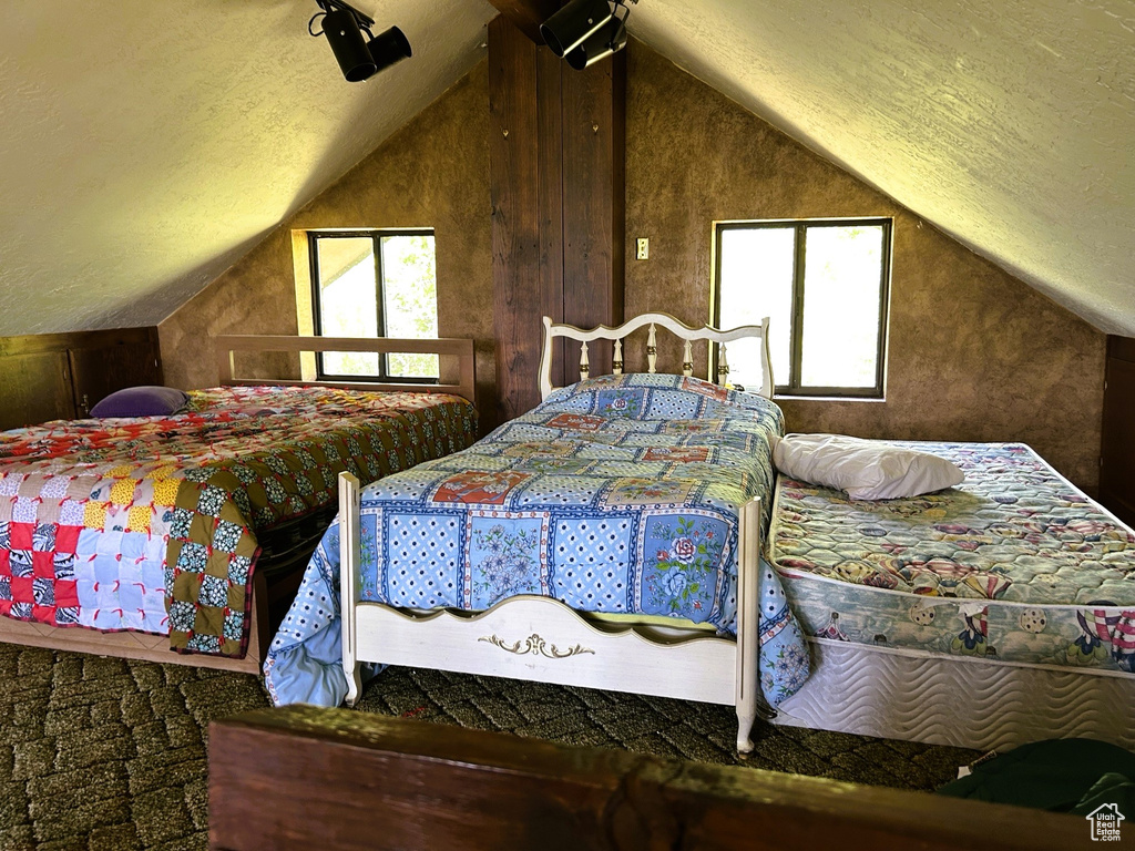 Bedroom featuring lofted ceiling and a textured ceiling