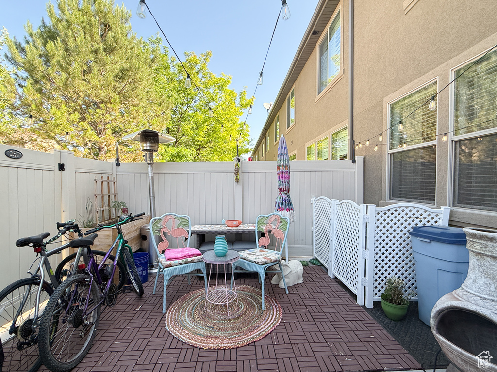 Fenced backyard featuring a patio