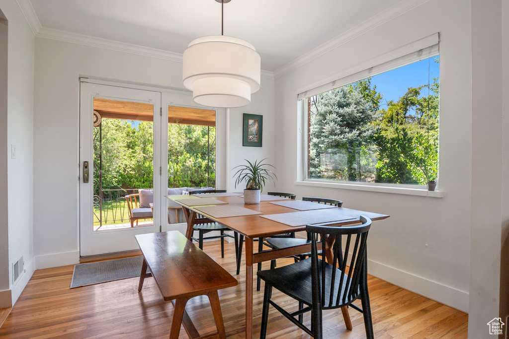 Dining area with plenty of natural light, light wood finished floors, and ornamental molding
