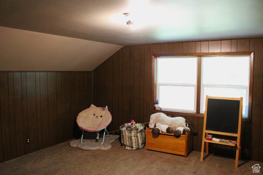 Additional living space with wooden walls, carpet flooring, and lofted ceiling