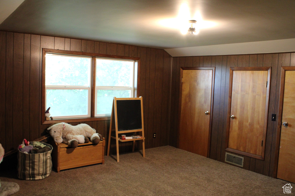 Sitting room with carpet flooring and wooden walls