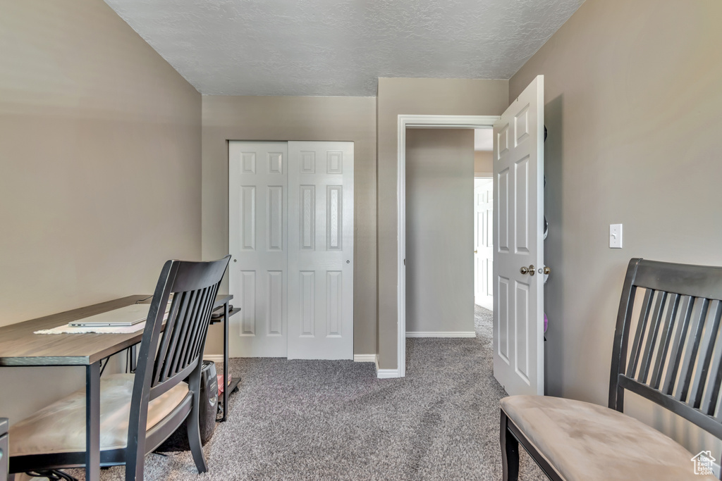 Office area featuring carpet flooring and a textured ceiling
