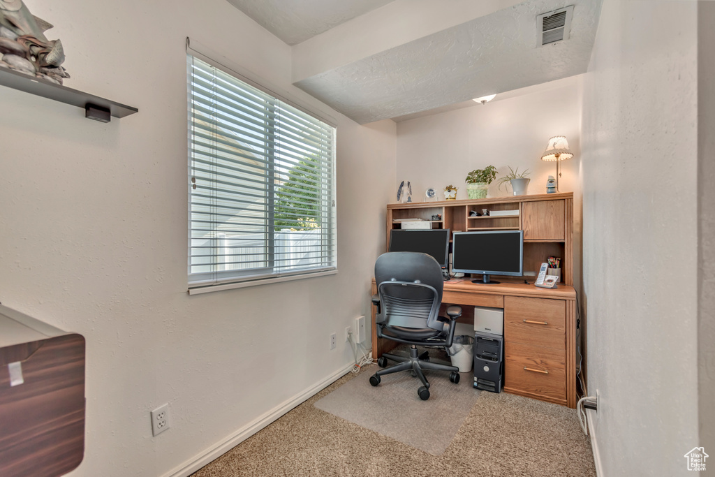 Office area featuring light colored carpet and baseboards