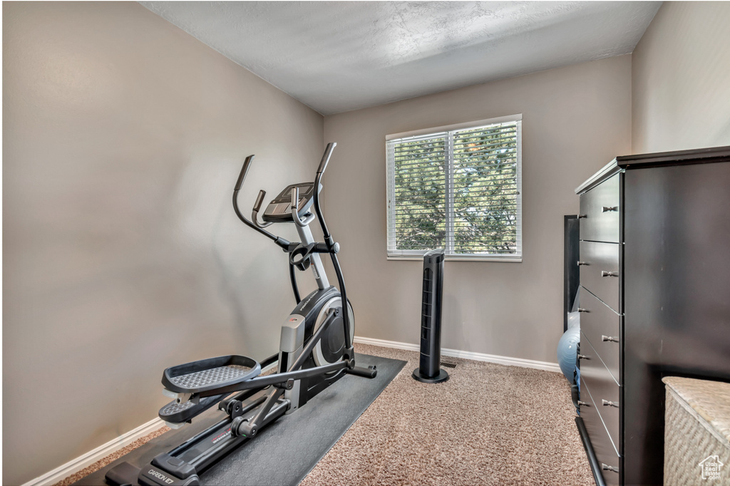 Exercise room with baseboards and carpet