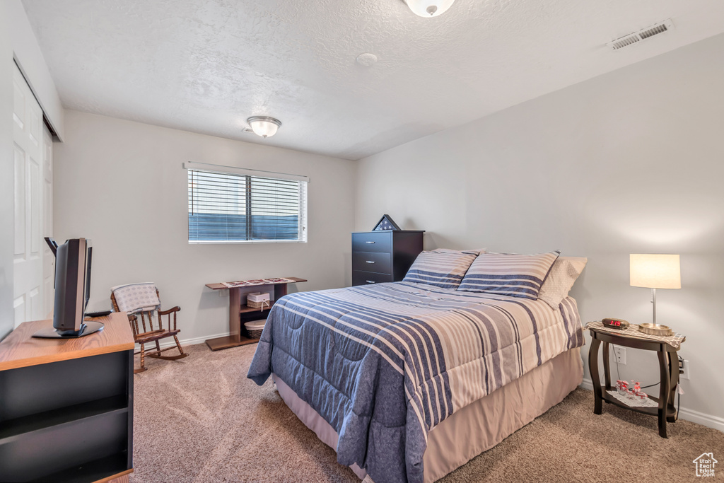 Carpeted bedroom with a textured ceiling and a closet
