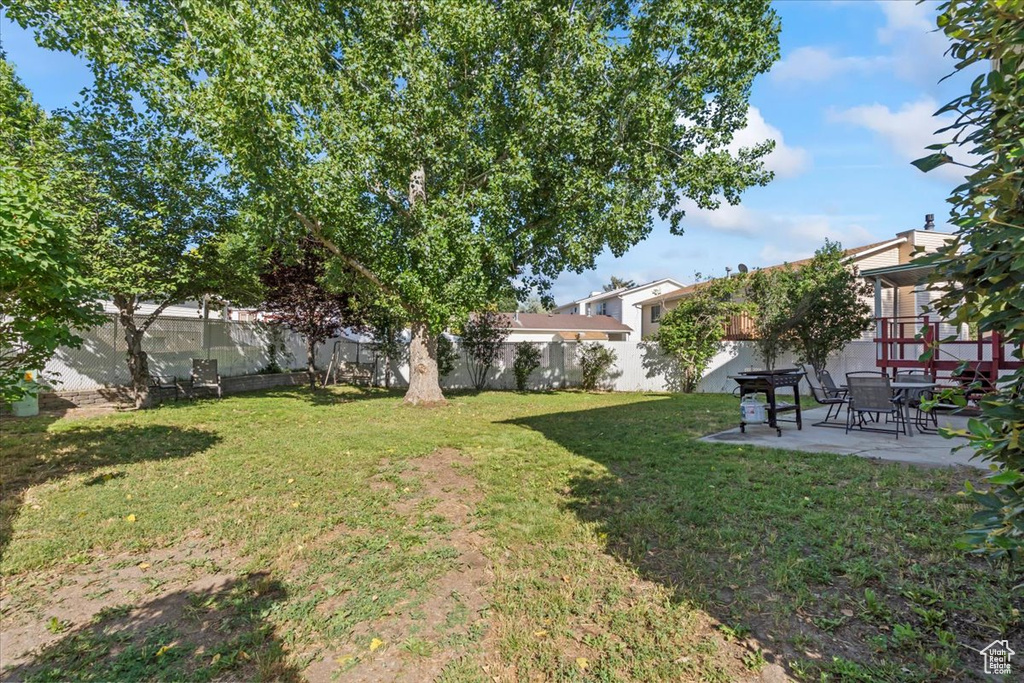 Fenced backyard with a patio area