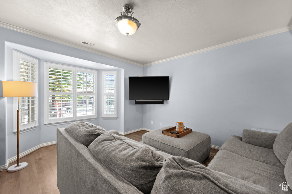 Living room with ornamental molding and wood finished floors