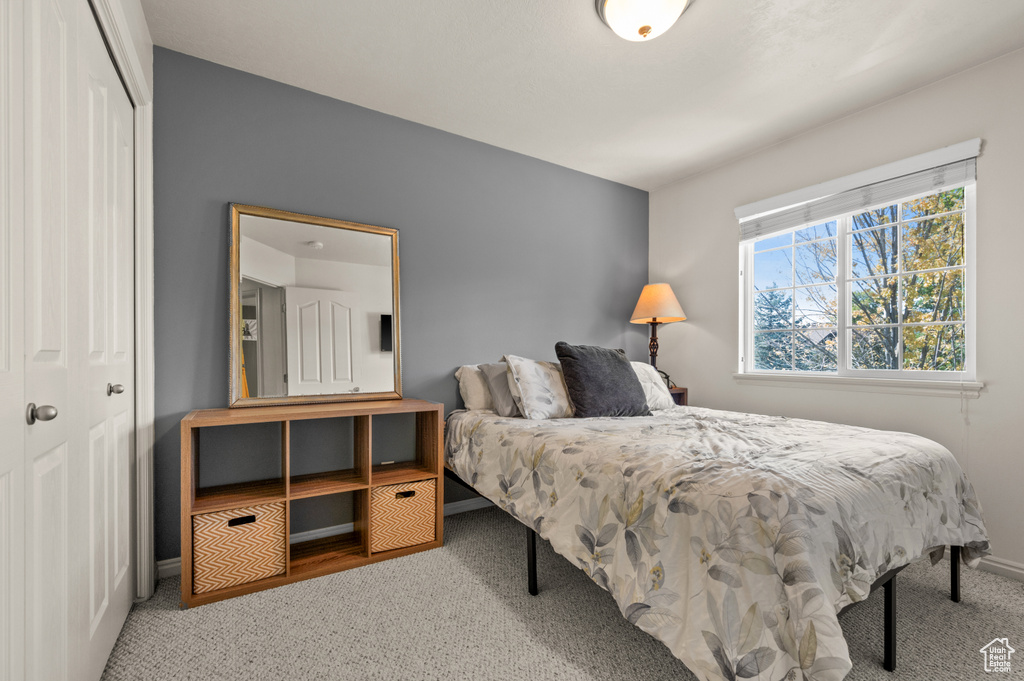 Carpeted bedroom with a closet and baseboards