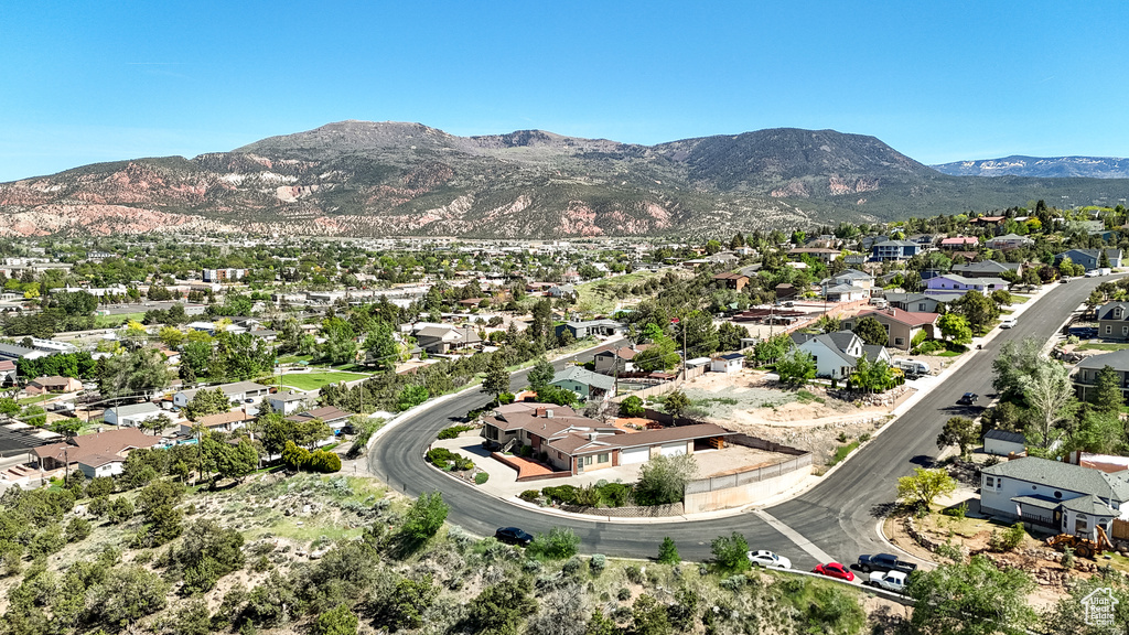 Aerial view of residential area with mountains
