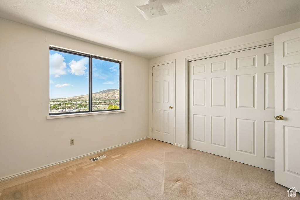 Unfurnished bedroom featuring light carpet, a textured ceiling, and a closet