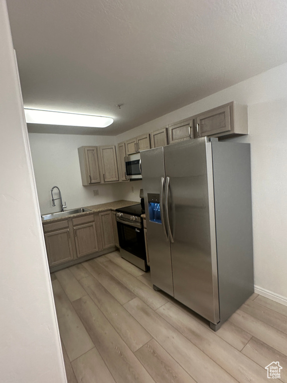 Kitchen with stainless steel appliances and light wood-style flooring
