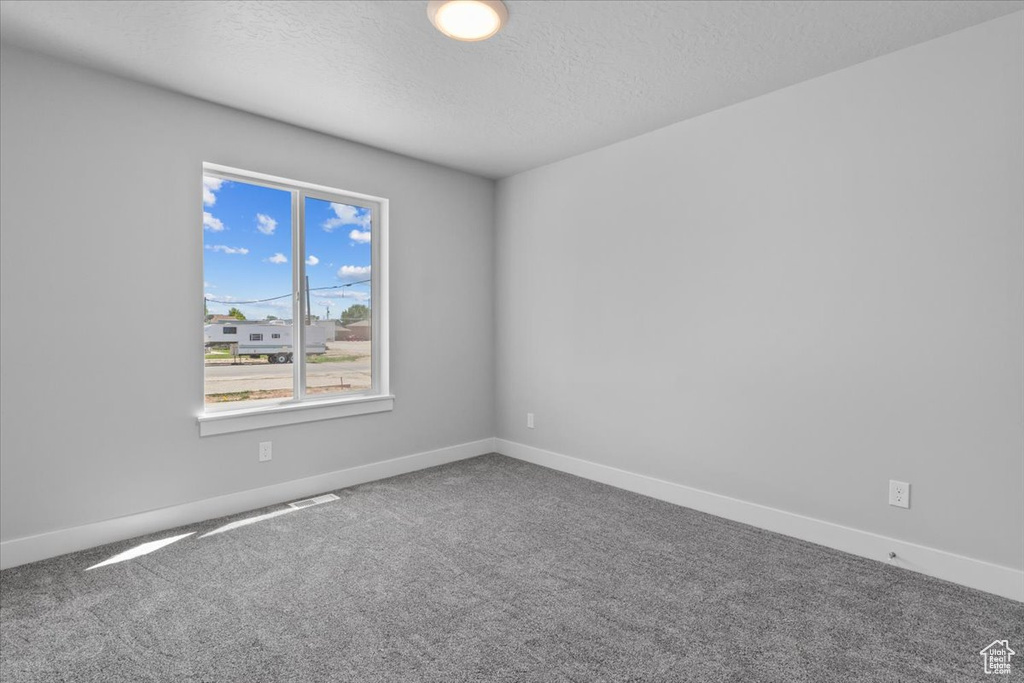 Carpeted spare room with a textured ceiling and baseboards