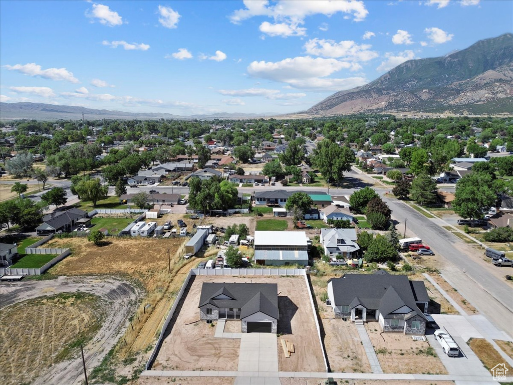 Aerial view of residential area with mountains