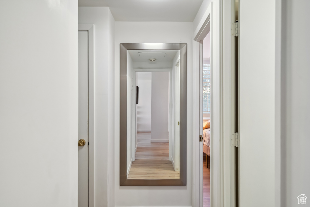 Hall featuring attic access and wood finished floors