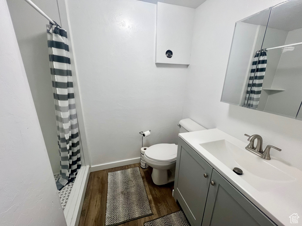 Bathroom with wood finished floors, vanity, and curtained shower