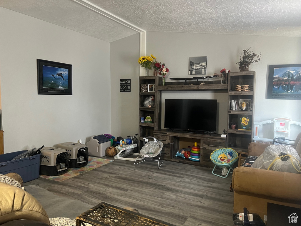 Living room featuring a textured ceiling and wood finished floors