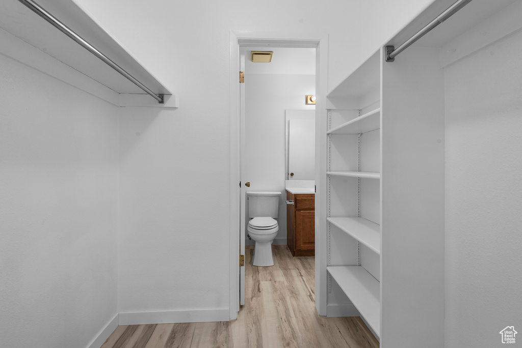 Bathroom featuring wood finished floors and vanity