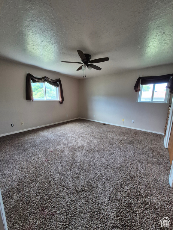 Spare room with carpet flooring, plenty of natural light, a ceiling fan, and a textured ceiling