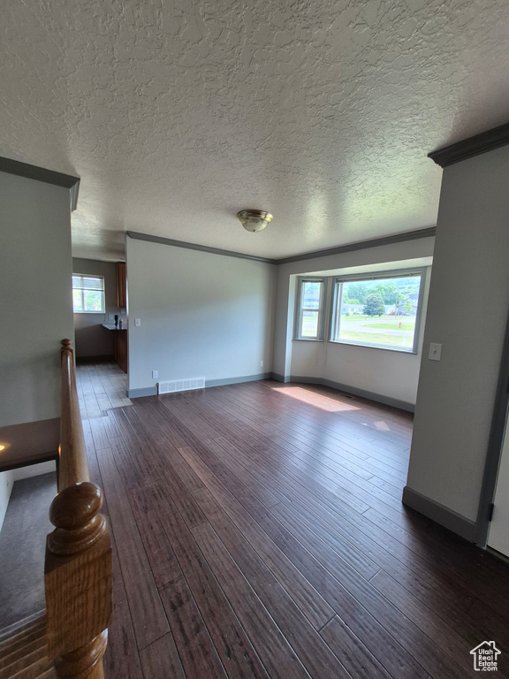 Unfurnished living room featuring plenty of natural light, dark wood-style flooring, a textured ceiling, and crown molding
