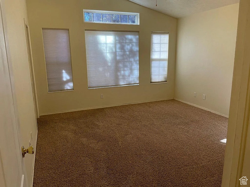 Carpeted spare room with lofted ceiling and ceiling fan
