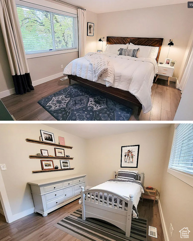Bedroom featuring wood finished floors and multiple windows