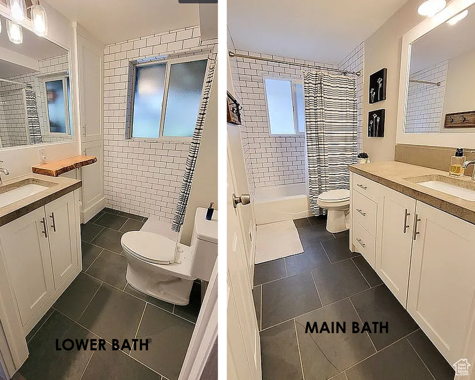 Full bathroom with tile patterned flooring, plenty of natural light, and two vanities