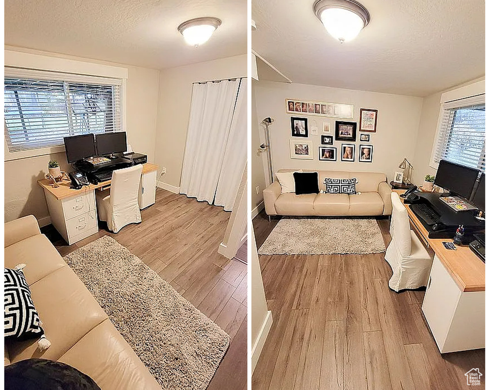 Office with light wood-type flooring and a textured ceiling