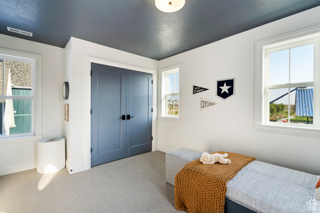 Carpeted bedroom featuring multiple windows and a closet