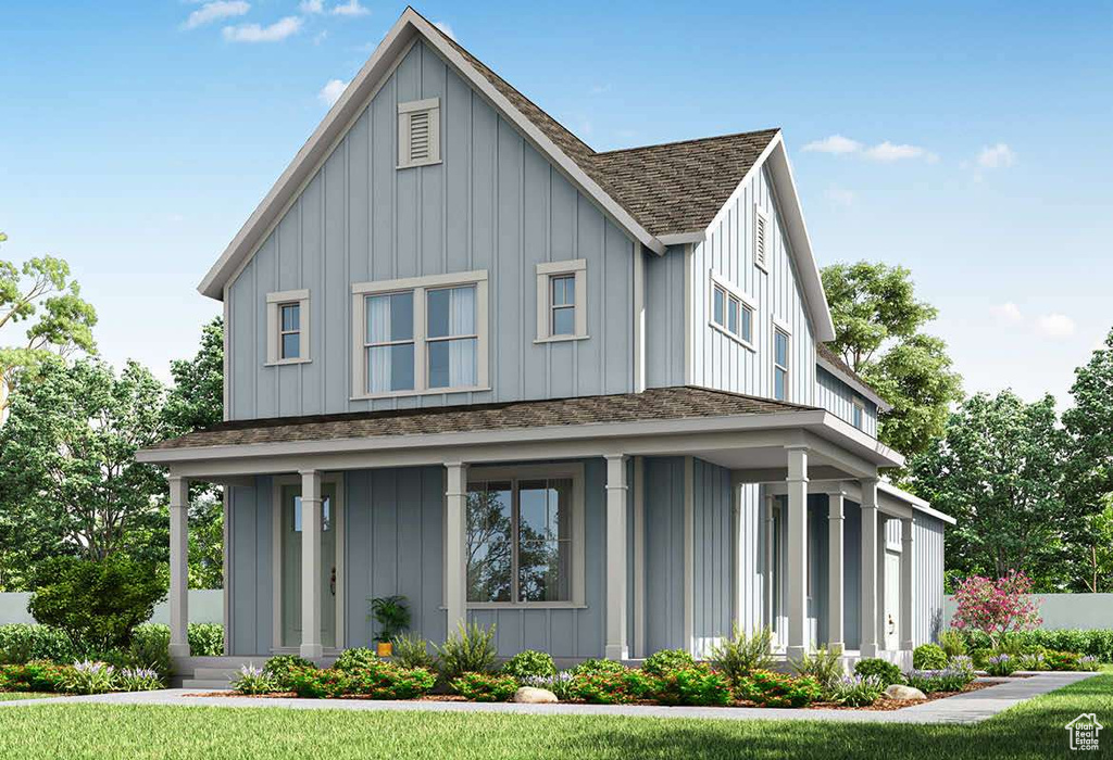Modern farmhouse style home featuring board and batten siding, roof with shingles, and a porch