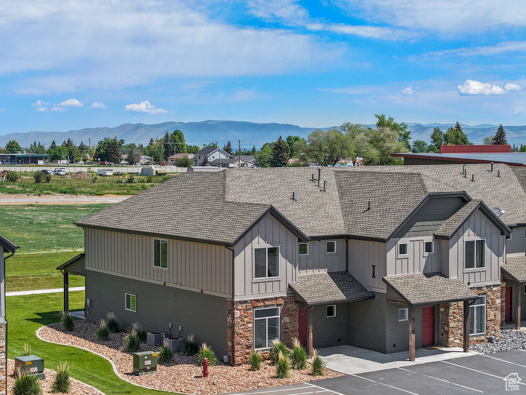 Exterior space with a mountainous background