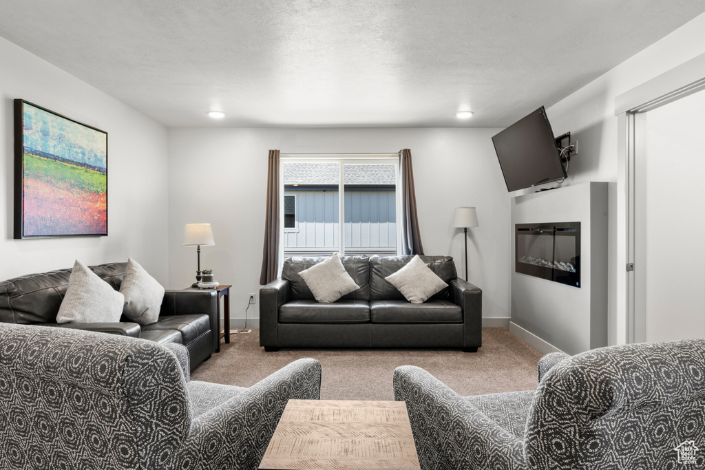Carpeted living area with baseboards