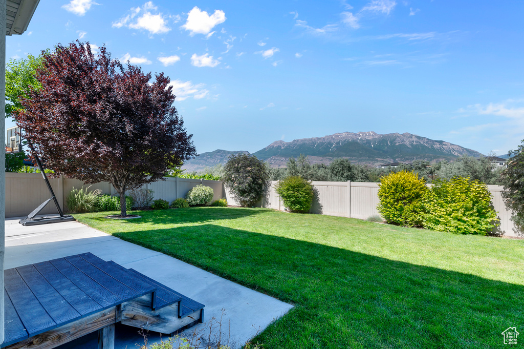 Fenced backyard with a mountain view